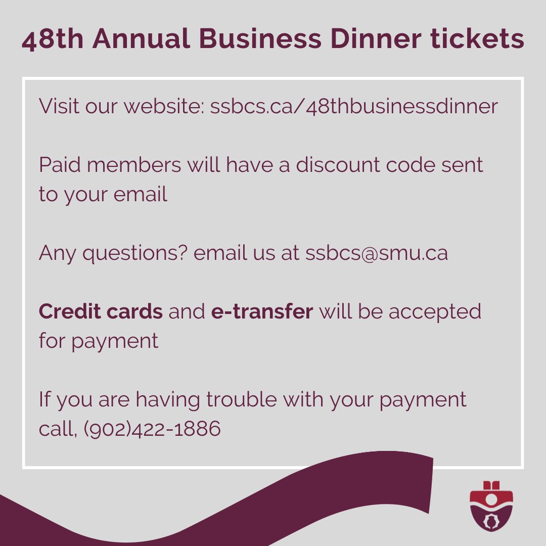 ssbcommsociety's tweet photo. Our annual Business Dinner is almost here! We are now expecting e transfer and credit card for tickets ✨🐺 #smu #smusa #huskies #sobeyschoolofbusiness https://t.co/acse5XXn7r