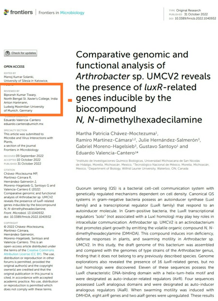 Reviewed this paper.
Comparative genomic and functional analysis of Arthrobacter sp. UMCV2 reveals the presence of luxR-related genes inducible by the biocompound N, N-dimethylhexadecilamine.
frontiersin.org/articles/10.33…
#quorumsensing #biofilm