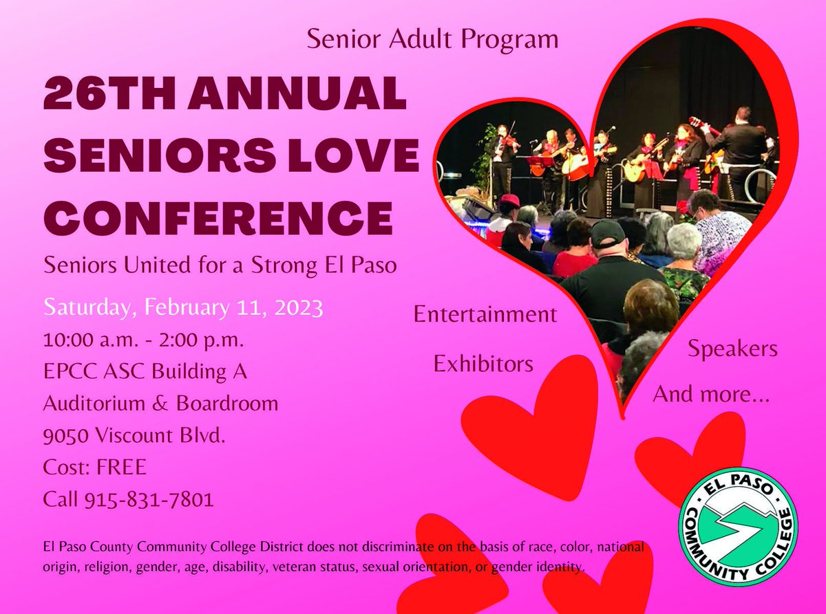 Volar_CIL's tweet photo. Join us at this year's 26th Annual Senior Love Conference which will take place on Saturday February 11, 2023 from 10 - 2 pm at the El Paso Community College Administrative Service Center Building A located at 9050 Viscount Blvd. Admission is FREE https://t.co/BqkAnROH2T