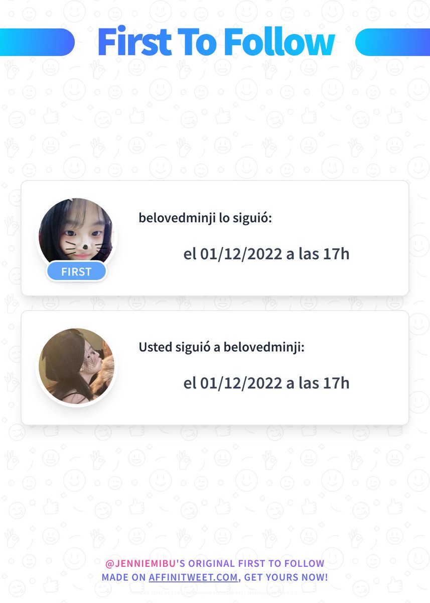 ✨ First To Follow 

belovedminji lo siguió el 01/12/2022 a las 17:47:35.
Usted siguió a belovedminji el 01/12/2022 a las 17:49:06.

➡️ affinitweet.com/first-to-follow