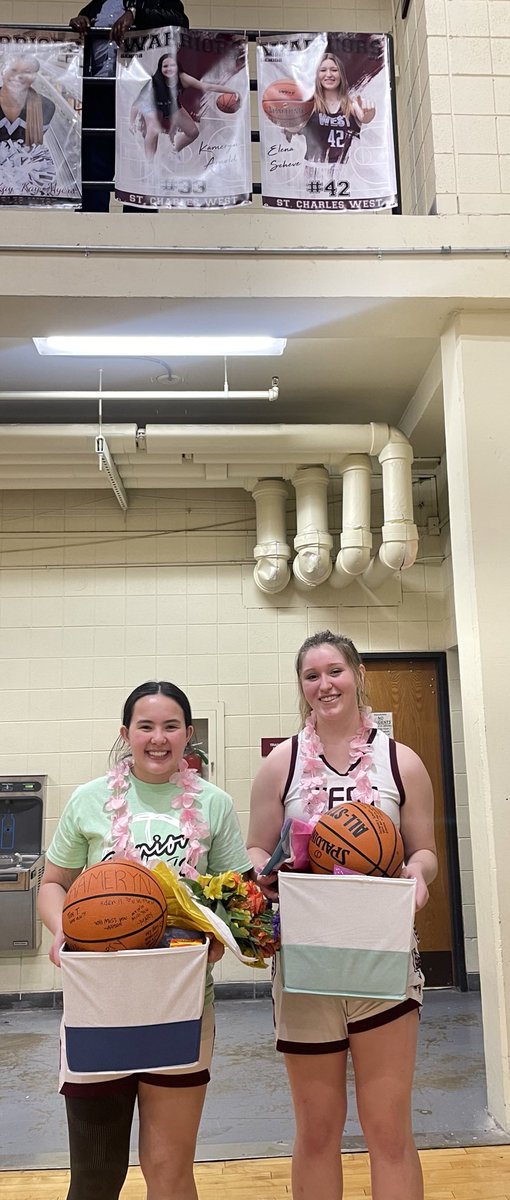 scwgirlsbball's tweet photo. Best way to start the game, both of our seniors on the court. Thank you both for your leadership and dedication to our team. 🤍 https://t.co/eddMNWec7F