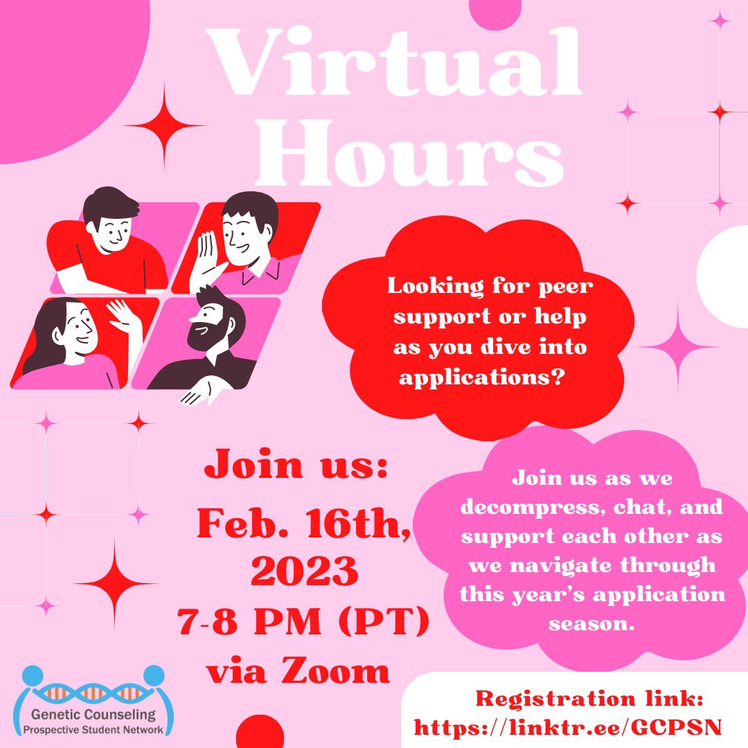 Hello everyone! We are excited to announce another virtual hours for Thursday, Feb 16th at 7pm PST. 💖🧬 This is a great opportunity to chat and decompress with fellow prospective students! ➡️Register here: linktr.ee/GCPSN⬅️ #GeneChat