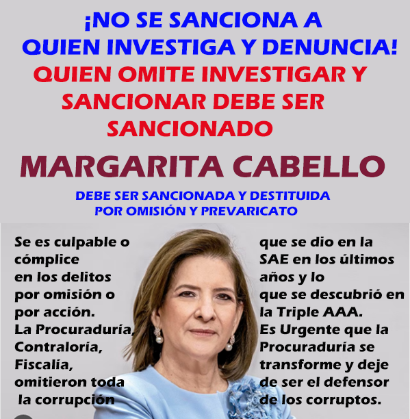 willj84753699's tweet photo. ¡ATENCIÓN!
#UnDescaroEs Margarita Cabello; sancionando al Director de la SAE  investigó y denunció , mientras ella, el Fiscal y Contralor del momento, nunca hicieron nada ante los delitos.
A quién hay que sancionar y destituir es a la Procuradora. 
Los Char deben estar celebrando https://t.co/wZ5V8adA8Z