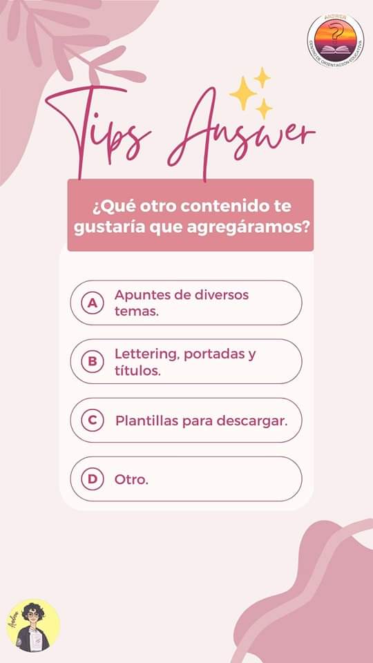 betheanswer_edu's tweet photo. En tu sección #Tips_Answer nos gustaría saber qué otro tipo de contenido te interesaría ver. Por favor, responde en nuestra historia o déjanos tu comentario.💫
#Tipsacademicos #mejorcontenido https://t.co/lSQIHRelZs