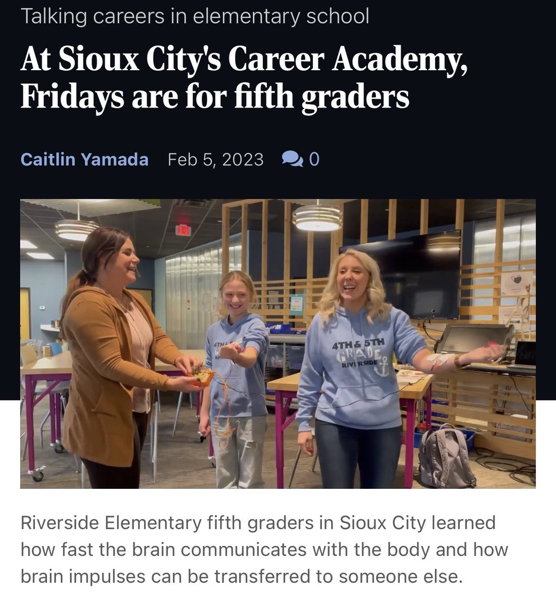 Read all about our Fridays are for 5th Graders events in the Sioux City Journal! siouxcityjournal.com/news/local/edu…  #STEM #CTEmonth #siouxland @BackyardBrains @SCCareerAcademy @locatesiouxcity @LGStange @aelebo