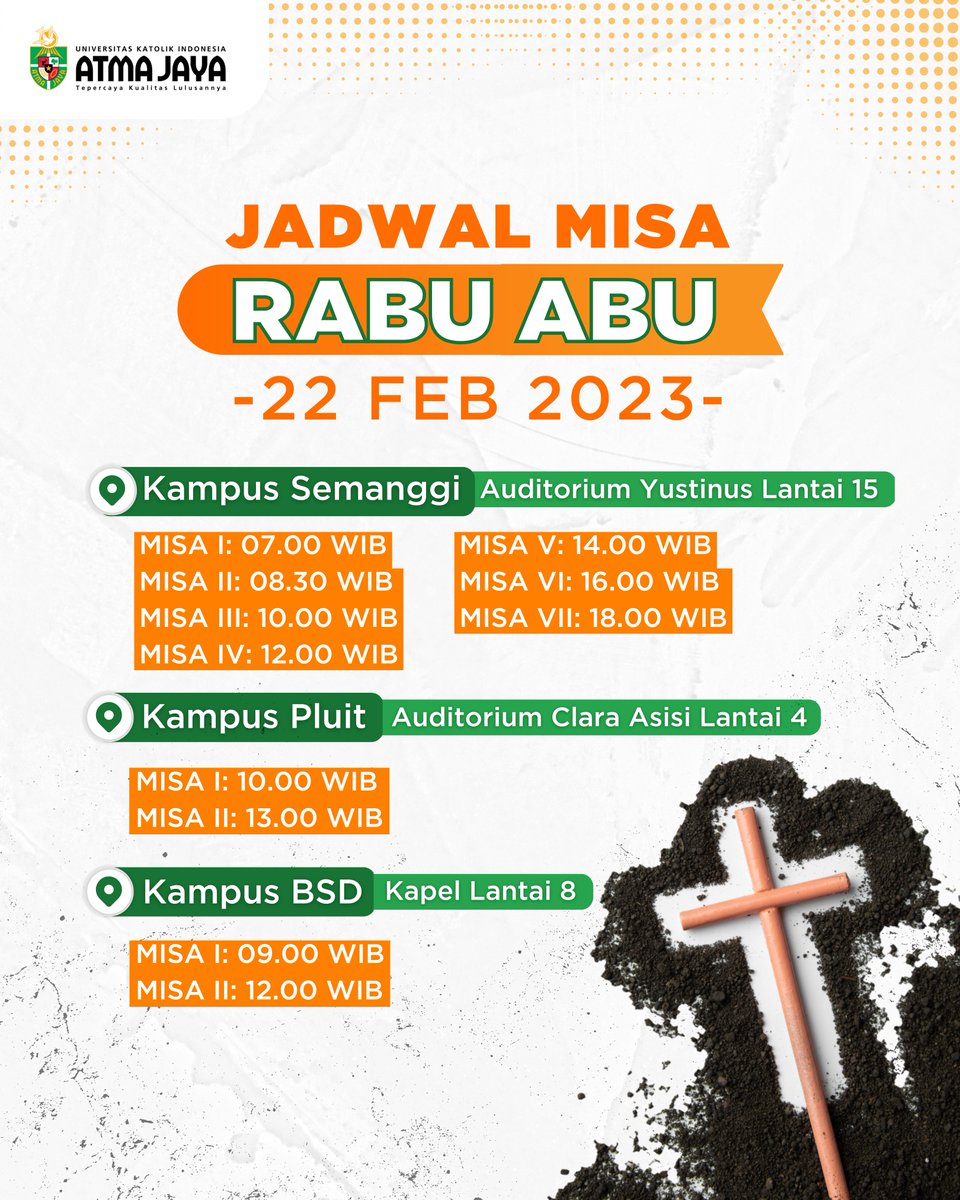 Jadwal Misa Rabu Abu, 22 Februari 2023 di Unika Atma Jaya

Jangan lupa disave ya #SahabatAtma 😉

#BanggaAtma #UAJ #RabuAbu