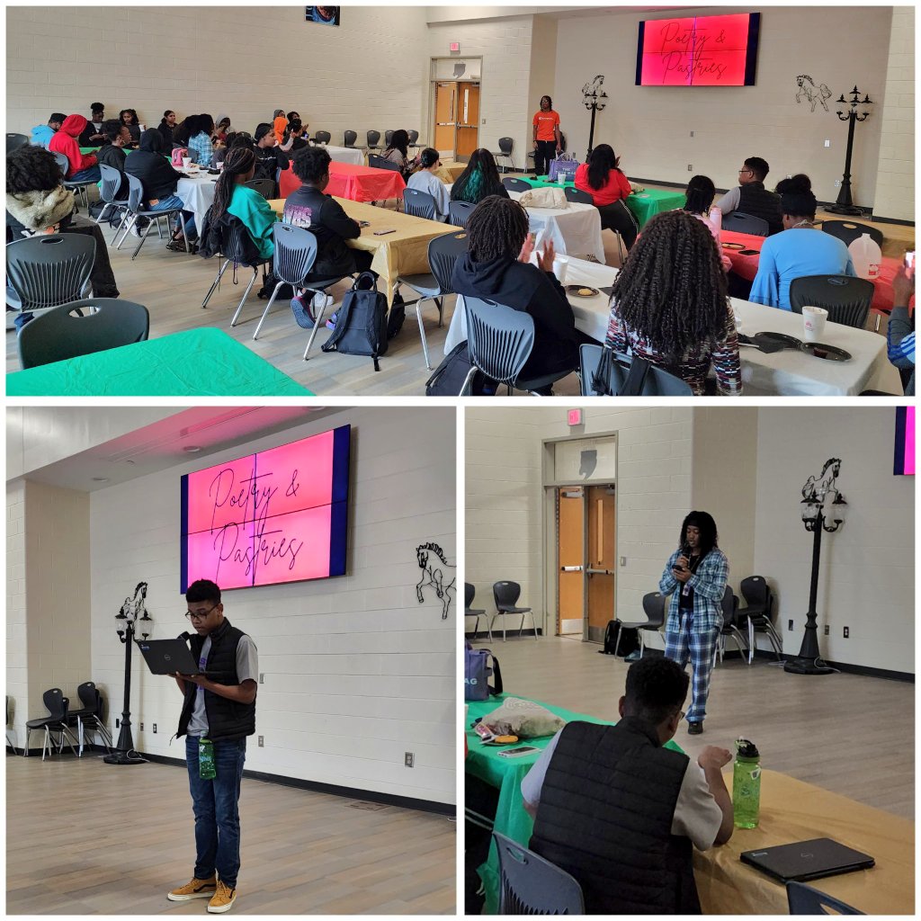 RidgeView_StuCo's tweet photo. In celebration of Black History Month, we held our annual Poetry &amp; Pastries!! Shoutout to the many @rvhs students who shared poems with us!! It was a vibe! 🤗💜 https://t.co/UWmDhYTdb5