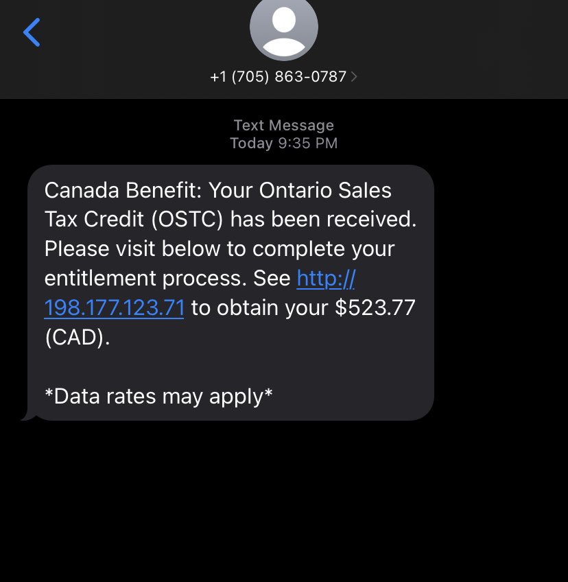 fatmeFS's tweet photo. @CanRevAgency Another scam message. Be careful. #Scam #ScamAlert #CdnTax https://t.co/HyImlnauvJ