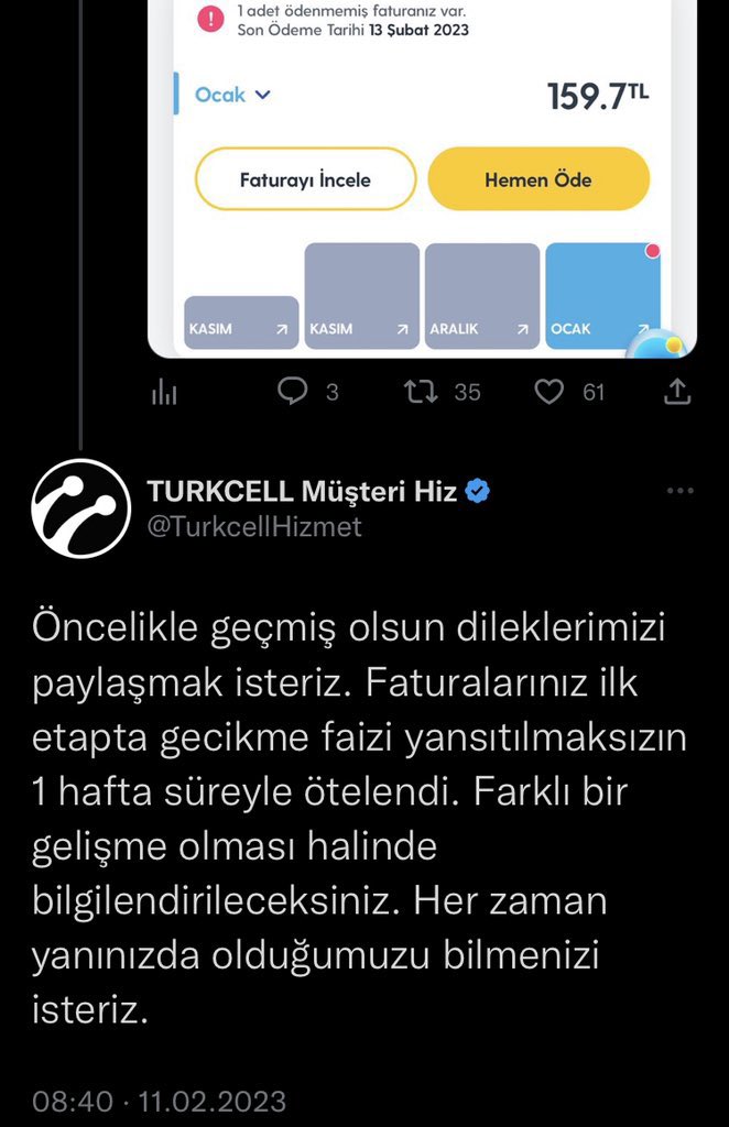 yirmiucderece's tweet photo. 📌Turkcell’den büyük hizmet!

📍Turkcell, bir depremzedenin doğru düzgün çekmeyen hattının faturasını 1 hafta erteledi. https://t.co/Gr0GMNFAaf