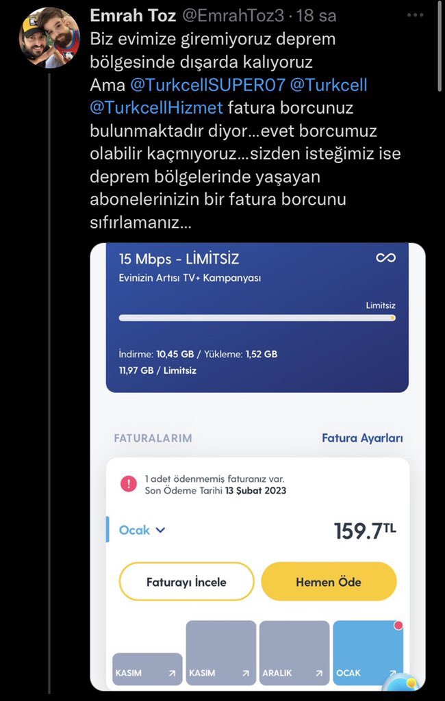yirmiucderece's tweet photo. 📌Turkcell’den büyük hizmet!

📍Turkcell, bir depremzedenin doğru düzgün çekmeyen hattının faturasını 1 hafta erteledi. https://t.co/Gr0GMNFAaf