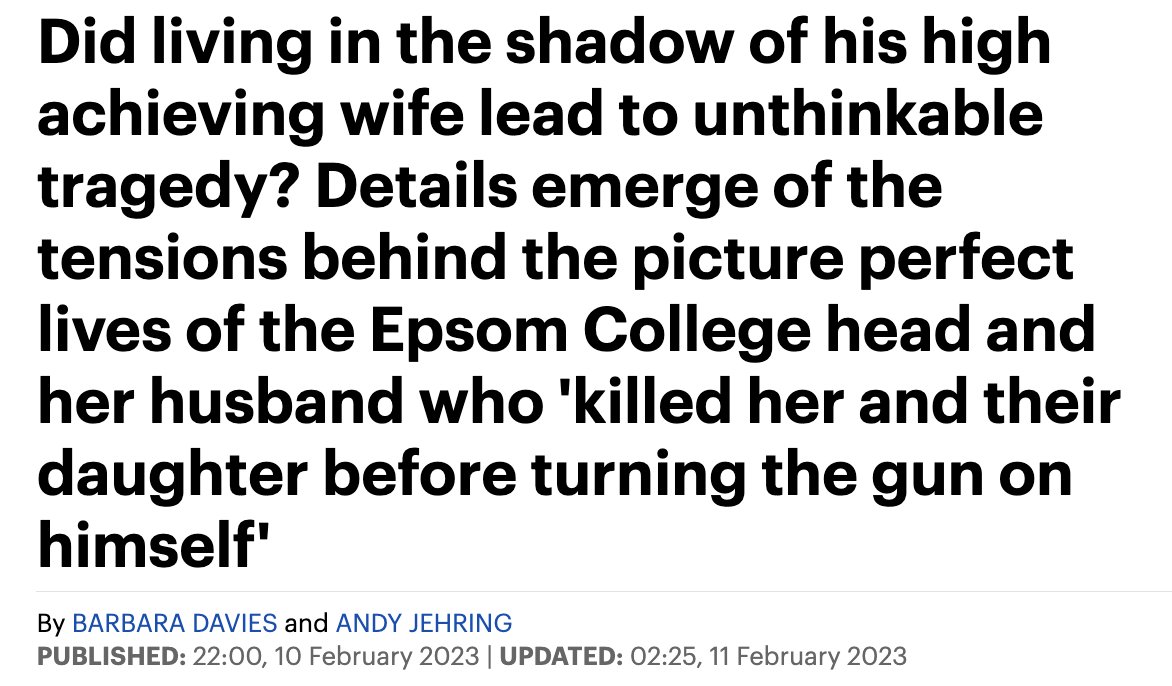 'Did living in the shadow of his high achieving wife lead to unthinkable tragedy?' If ladies have jobs, will their husbands be forced to murder them? Daily Mail asking the important questions