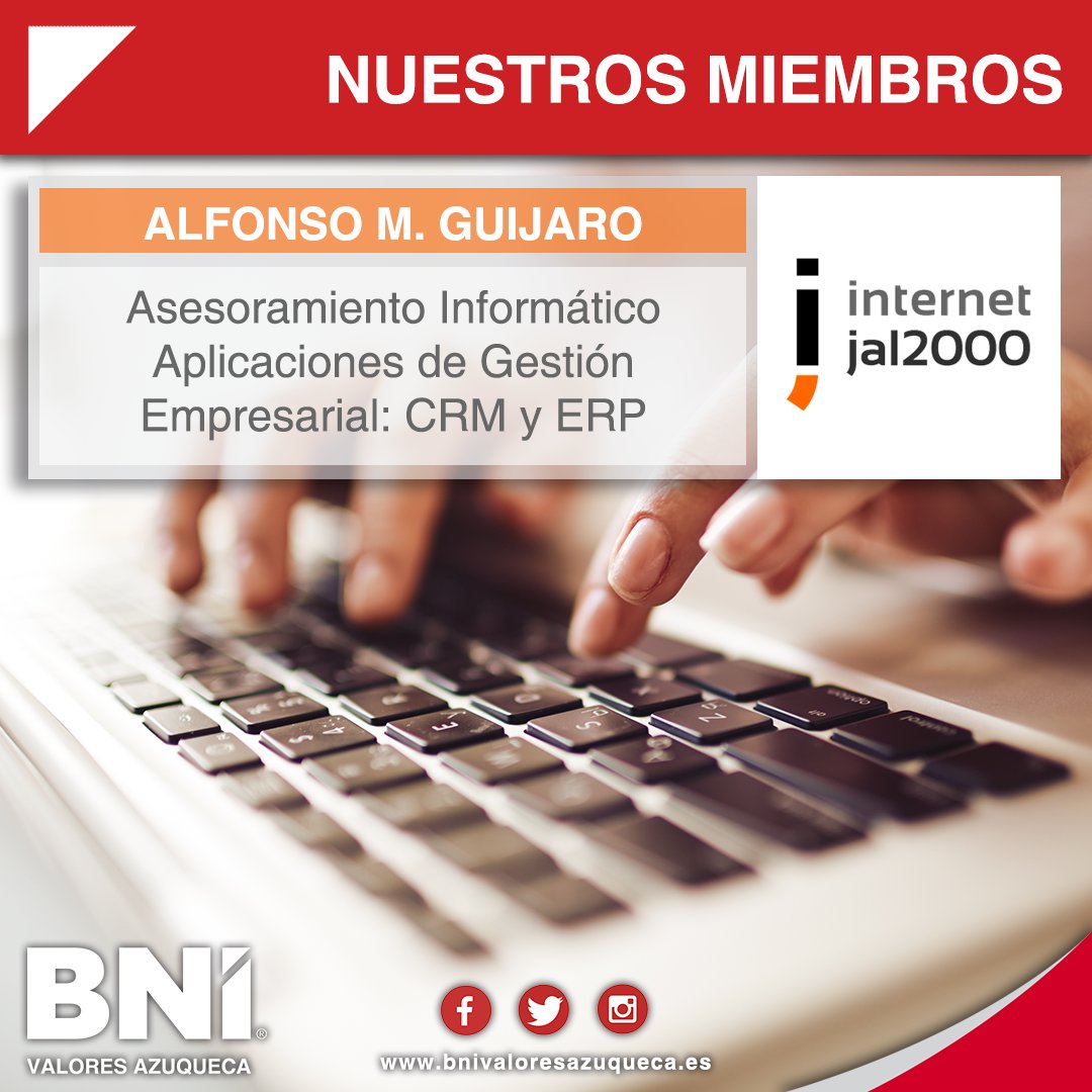 BniValoresAzu's tweet photo. #NuestrosMiembros 

Hoy os presentamos a Alfonso M. Guijarro de @internetjal2000, nuestro #asesor #informático especializado en #aplicaciones de gestión #CRM y #ERP.  

▶https://t.co/MK69GEMx9i 

#SéValores #NetworkingAzuqueca #OtraFormaDeHacerNegocios https://t.co/iuHmOKWoZR