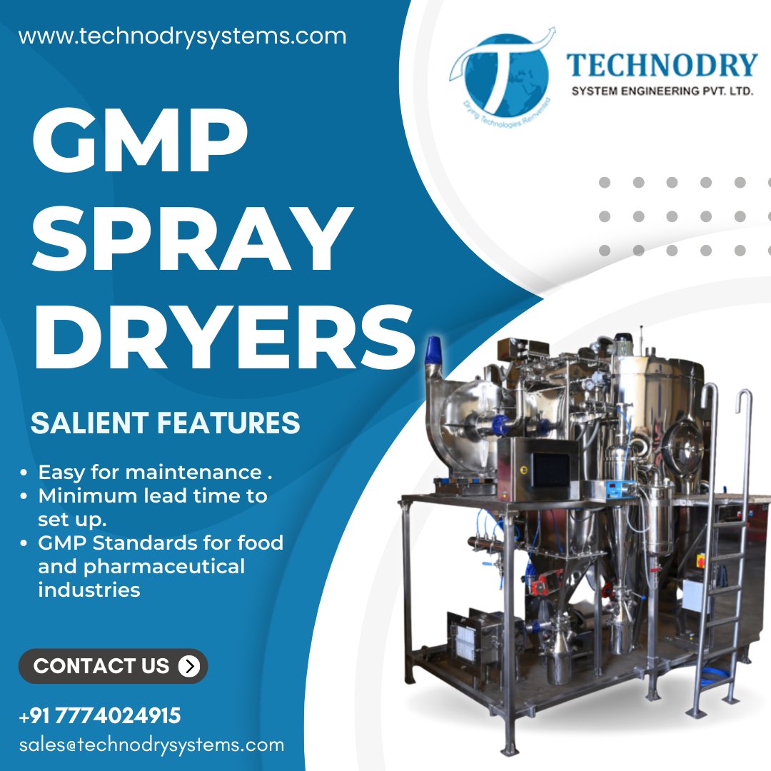 Technodry_'s tweet image. Technodry GMP Spray Dryers Easy for maintenance . Minimum lead time to set up. GMP Standards for food and pharmaceutical industries technodrysystems.com/spray-dryers-a… #Spraydryer #atomiser #dryers #food #pharmaceuticals #pharmadryer