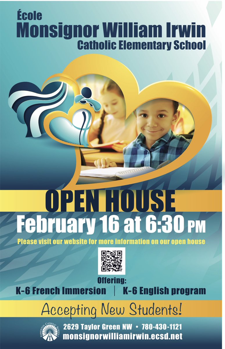 Join us for our Open House on Thursday February 16. Call us for a school tour. 780-430- 1121. #ecsd #ecsdfaithinspires #yeg #yegmoms #yegschools #openhouse