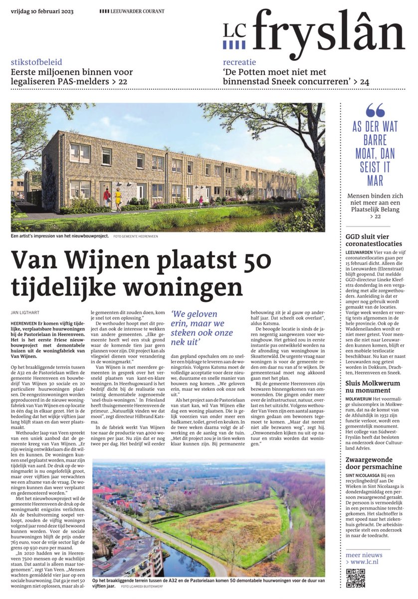 De kracht van samen de nek uitsteken. Steeds vaker, steeds meer, steeds mooier valt puzzel van wonen, circualiteit, tijdelijkheid en betaalbaar in elkaar. In <a href="/Heerenveen/">Gemeente Heerenveen</a> voorbeeldstraatje voor andere gemeenten. Snel Thuis <a href="/VanWijnenGroep/">Van Wijnen</a> Het kan wél! vanwijnen.nl/ontwikkelen/sn…