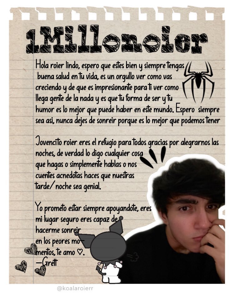 — <a href="/Roiereal/">Roier</a>✧*。
Roier no hay palabras para decir lo orgulloso que estoy de ti y los logros que has tenido desde que volviste a los streams, te amo con todo mi corazón y felicidades por ese millón en twitch, gracias por las sonrisas
#1MillonDeTripitas  #1Millonoier ❤️‍🩹