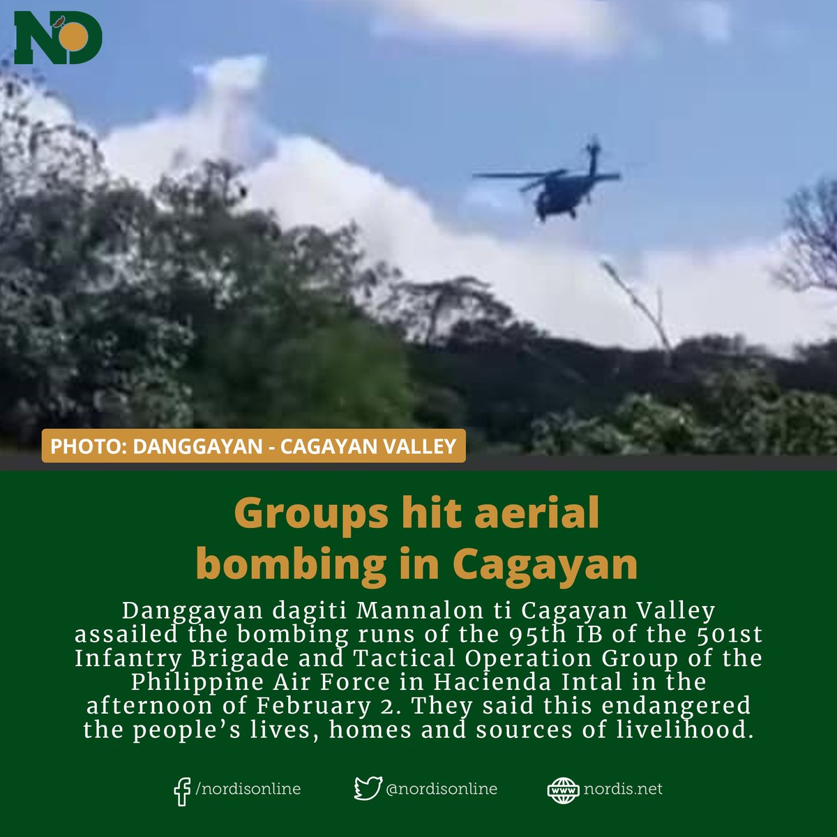 NEWS | A farmers’ group in Cagayan Valley and a national human rights alliance assailed the bombing in Baggao town in Cagayan, following an encounter with communist guerillas, forcing villagers to evacuate. Read: tinyurl.com/bde3u3u3