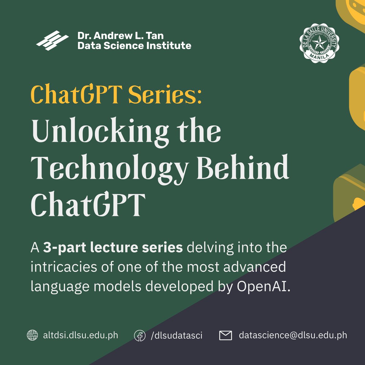 dlsu_altdsi's tweet photo. 💬 Do you want to know what ChatGPT is and how it works?

🗣 Dr. Chari, Dr. Stanley, and Mr. Joseph will share with us its intricacies through a comprehensive overview of the architecture and NLP techniques used on Feb 15, 3-4pm via Zoom.

Register here: https://t.co/v0cQpxwW1r https://t.co/SDpTWKUTbg