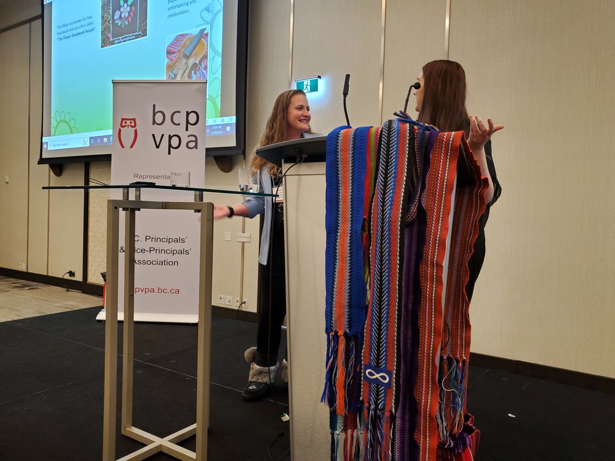 BCPVPA's tweet photo. Thank you to @MetisNationBC's Lauren Petersen & Laranna Scott for sharing at @bcpvpa #ChapterCouncil about the history & traditions of the Metis Nation, how children are at the centre of communities, and how educators can inspire Metis families in their schools. #bced https://t.co/uYEtWs9Ri3