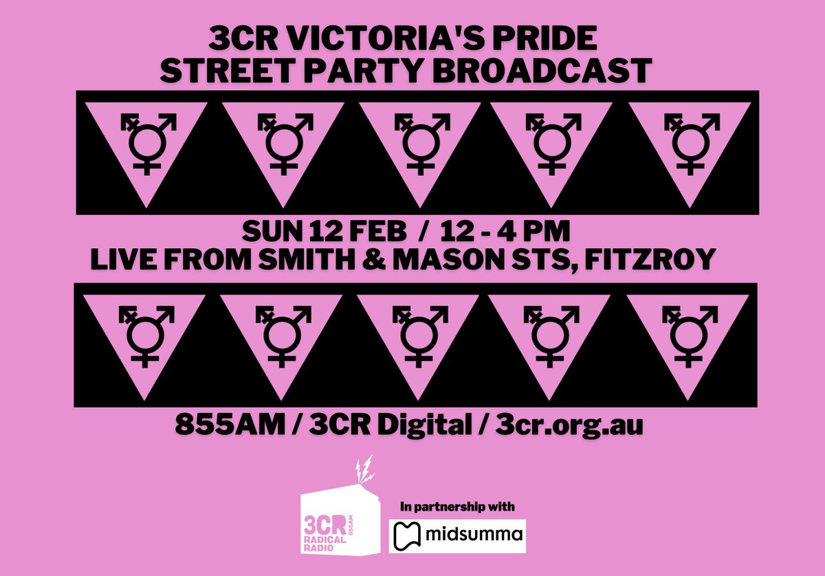 Tune in .@3CR Sun 12 Feb #PrideStreetParty Broadcast 1-4pm live from Smith St. Our queer programmers + guests speak abt pride, decrim, representation + ongoing advocacy
@midsumma 
@salgoldsaidso 
@3cr_inyaface 
@QueeringTheAir 
#pxwhanau
#queerradio
#3cr
3cr.org.au/3crprideparty2…