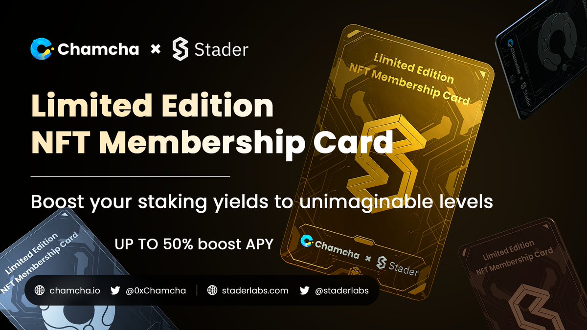 Stader.BNB (@stader_bnb) on Twitter photo Introducing Stader's first NFT adventure!🥳
Stader x Chamcha
BOOST your APYs with Gen0 Stader NFTs anon!🚀
Beyond excited to announce our first #NFT collection launch in collaboration with <a href="/0xChamcha/">CHAX Bitcoin</a>
Get the ULTRA HIGH Staking + DeFi Yields💰
Minting Starts: Feb 20 UTC, 10PM Introducing Stader's first NFT adventure!🥳
Stader x Chamcha
BOOST your APYs with Gen0 Stader NFTs anon!🚀
Beyond excited to announce our first #NFT collection launch in collaboration with <a href="/0xChamcha/">CHAX Bitcoin</a>
Get the ULTRA HIGH Staking + DeFi Yields💰
Minting Starts: Feb 20 UTC, 10PM
