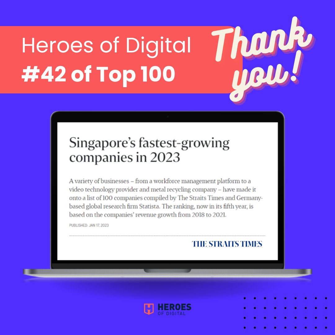 heroesofdigital's tweet photo. Heroes of Digital is recognised as one of Singapore's top fast-growing companies in 2023 by The Straits Times! 

#STTopFastGrowingCompanies2023 #HeroesOfDigital #FastGrowingCompanies #Singapore https://t.co/0pzSLQnqC5