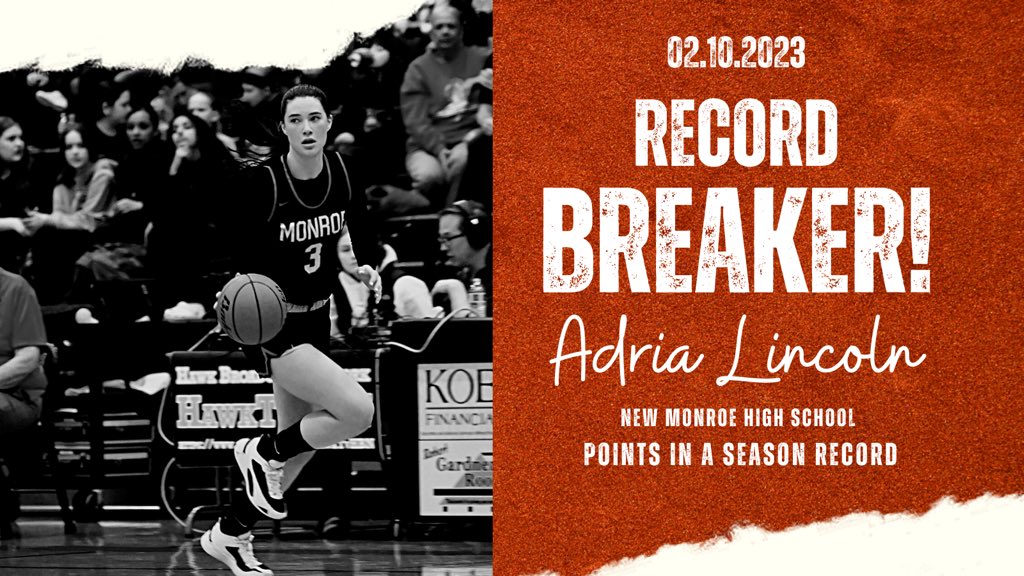 Congrats <a href="/adrialincoln/">Adria Lincoln</a> for beating the Monroe HS record for total Points Scored in a Season! She adds this to her other MHS records for Points in a Game (broken twice), Rebounds in a Game, &amp; Field Goals in a Game. <a href="/MHSBearcatHoops/">Monroe HS Bearcat Basketball Boosters</a> <a href="/HeraldNetPreps/">Herald Preps Sports</a> <a href="/PGHWashington/">Prep Girls Hoops Washington</a> <a href="/bballjkey/">Jason Key</a>