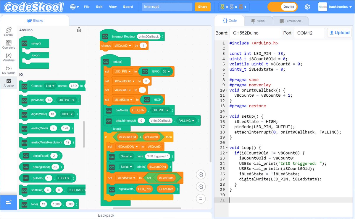 HacktronicsIn's tweet photo. CodeSkool https://t.co/E1Jf6qdrYa supports #Arduino Programming with #CH552 0.3¢ microcontroller using #Scratch Blocks, to support #CodingForAll.
Digital & Analog I/O functions, PWM, Interrupts, Serial comm. working for #CodingForKids.
#STEM @Patrick_RISCV @WCH_TECH #edTech https://t.co/pmOumDP14D