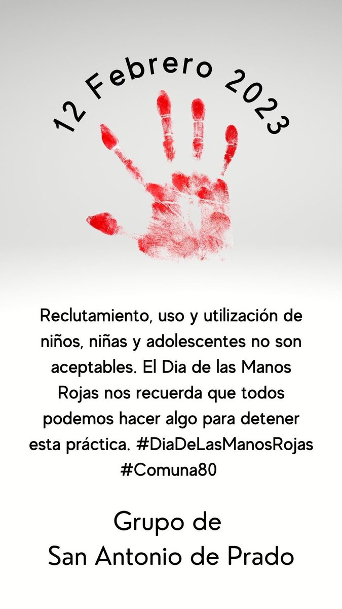 ComunasMed's tweet photo. Reclutamiento, uso y utilización de niños, niñas y adolescentes no son aceptables. El Dia de las Manos Rojas nos recuerda que todos podemos hacer algo para detener esta práctica. #DiaDeLasManosRojas #Comuna80 https://t.co/f0Cmnk298B