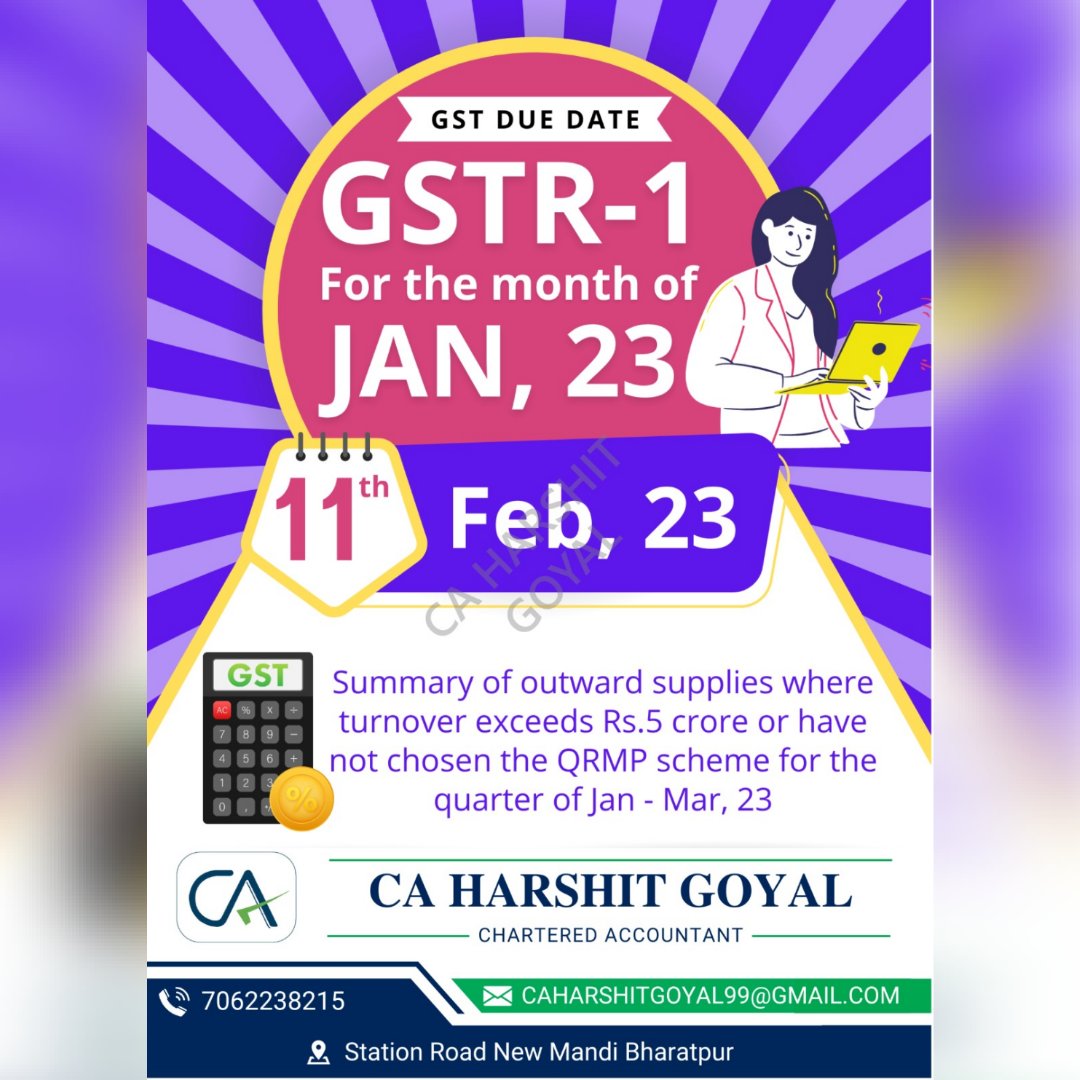 Stay ahead of the game and avoid penalties! The deadline for filing your #GSTR1 is fast approaching. Make sure to submit your returns on time for a hassle-free compliance experience. #GSTDueDate #TaxSeason'