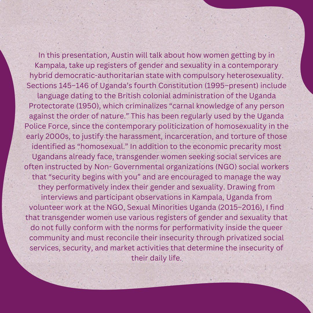 Hallo sobat Genseks UI! Akan ada diskusi tentang 'Security begins with you': compulsory heterosexuality, registers of gender and sexuality, and transgender women getting by in Kampala, Uganda dengan Austin dari Northwestern Univ di FISIP UI, 28 Feb 2023!