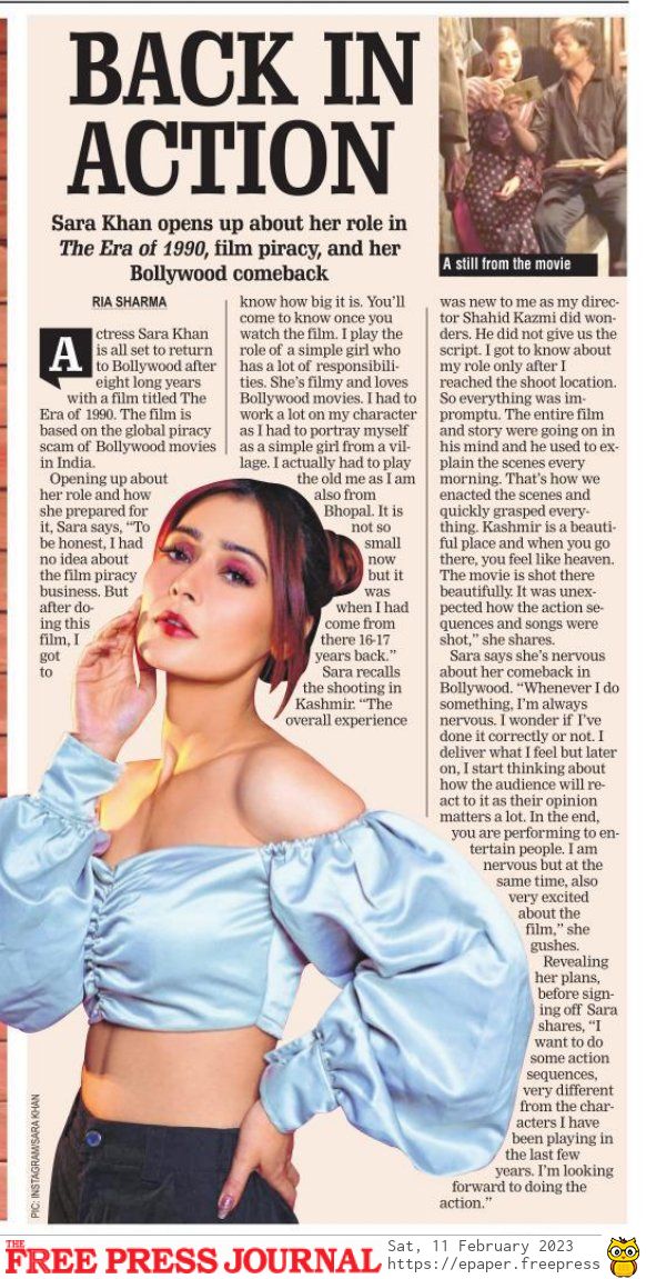 #SaraKhan on returning to #Bollywood after 8 years with The Era of 1990: 'I'm nervous' By @RiaSharma1125 @thessarakhan #TheEraOf1990 freepressjournal.in/entertainment/…