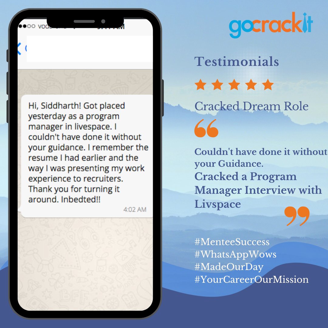 “Cracked a program manager interview with Livspace”.

More than 18000+ success stories by personalised mentoring with 'Been There Done That' #BTDT Mentors

#MenteeSuccess #WhatsAppWows #MadeOurDay #YourCareerOurMission #FutureCareers #CareerOpportunity #Mentoring #resumereview