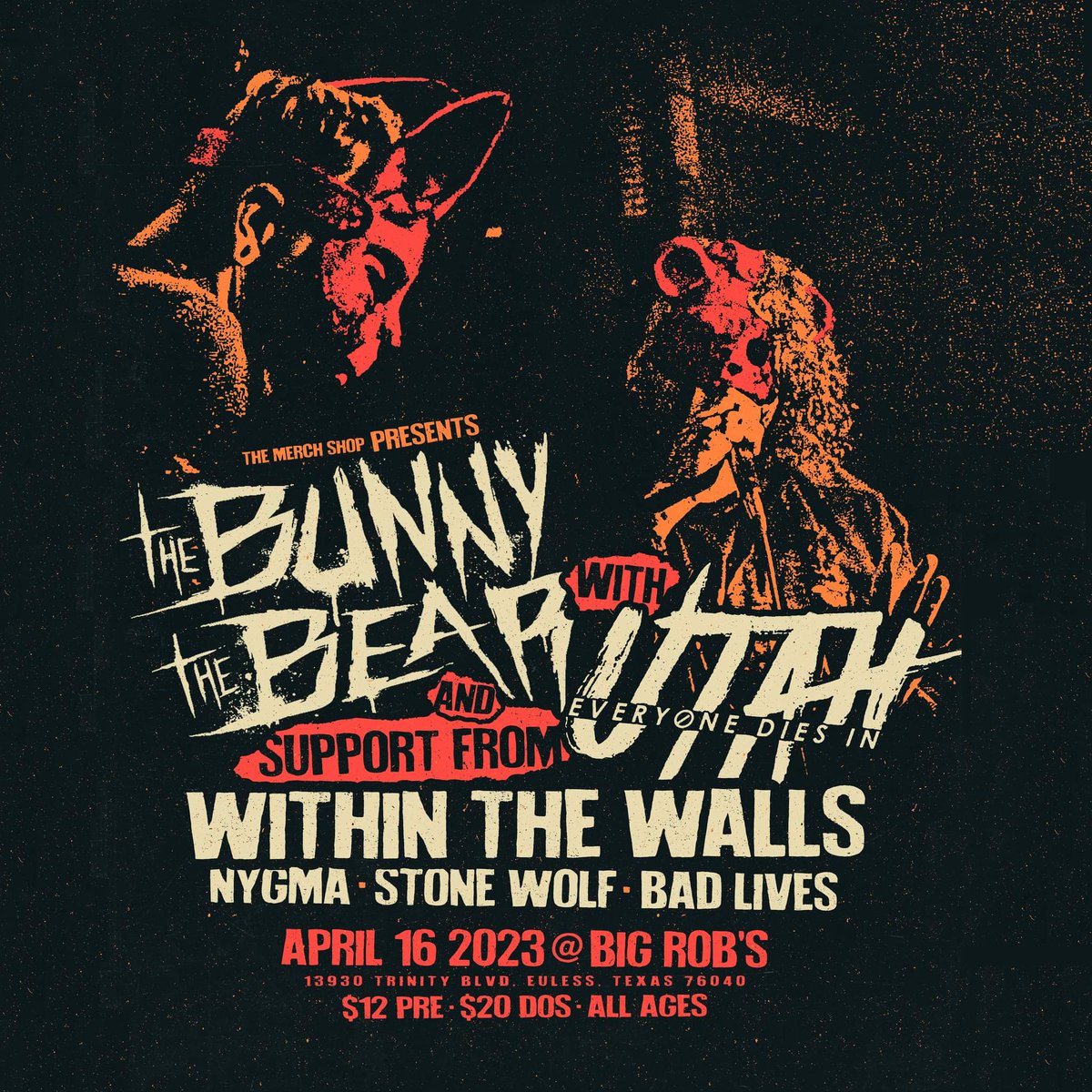 EDIU's tweet photo. Show time! April 16th we'll be in the DFW Area with @thebunnythebear mark your calendars it's going down!
#ediu #everyonediesinutah #newmusic #livemusic #dfw #thebunnythebear #withinthewalls #nygma #stonewolf #badlives https://t.co/sk5jydlXkq
