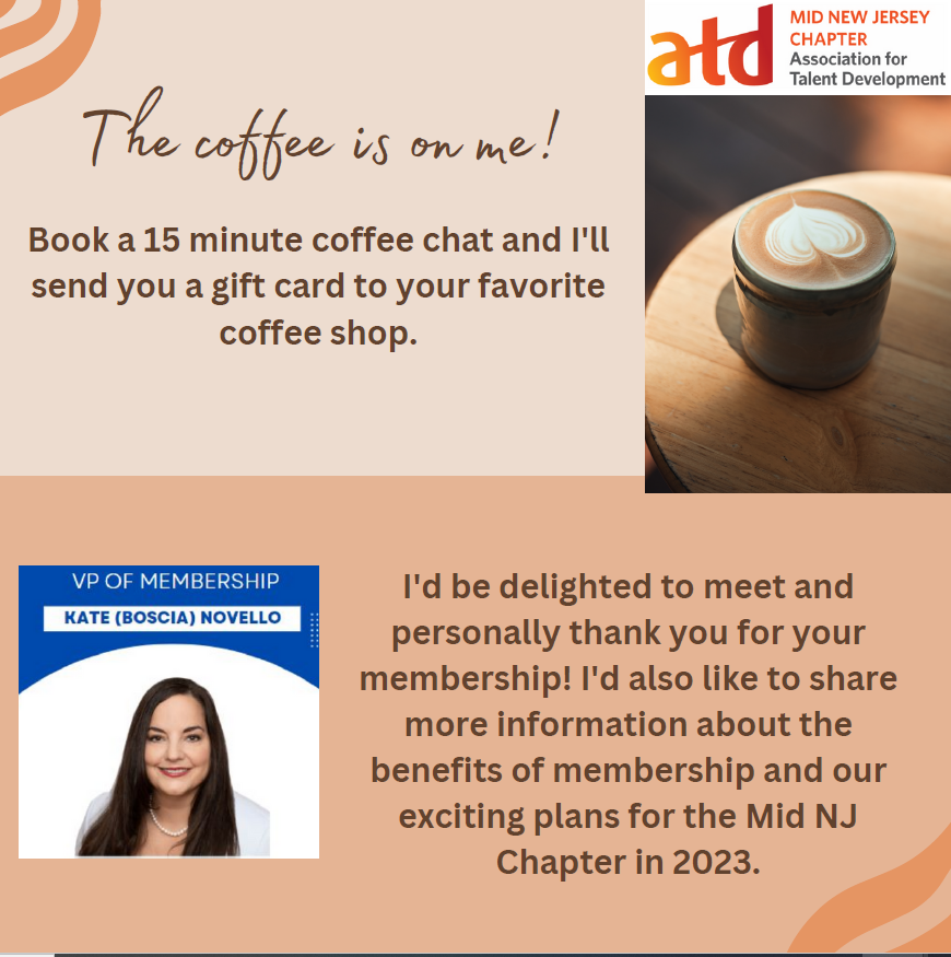 The coffee is on us!

Book a 15-minute coffee chat and we'll send you a gift card to your favorite coffee shop.

Kate Novello, CPRIA, VP of Membership, would be delighted to meet and personally thank you for your membership! 

info@midnjatd.org
midnjatd.org