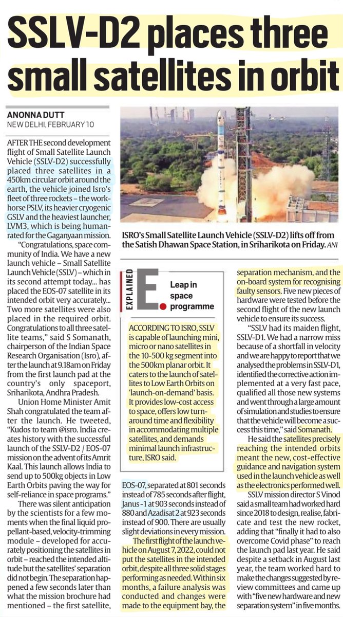 imRavikantYadav's tweet photo. #SSLVD2 news
*SSLV-D2 places three small Satellites in the Orbit
*Small Satellite gives big push to Schoolgirls dreams
#SSLV #LaunchOnDemand #AzaadiSAT2 #Janus1 #EOS07
#Space #satellite #technology
#UPSC #upsc2023 #UPSCPrelims
Source: IE & TH https://t.co/KirrCO0oL0