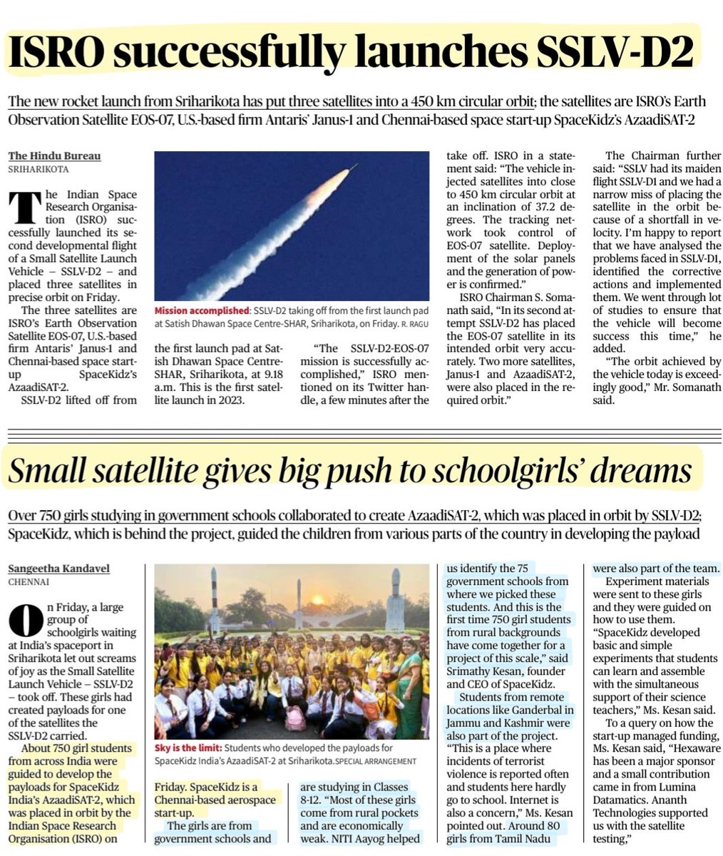 imRavikantYadav's tweet photo. #SSLVD2 news
*SSLV-D2 places three small Satellites in the Orbit
*Small Satellite gives big push to Schoolgirls dreams
#SSLV #LaunchOnDemand #AzaadiSAT2 #Janus1 #EOS07
#Space #satellite #technology
#UPSC #upsc2023 #UPSCPrelims
Source: IE & TH https://t.co/KirrCO0oL0