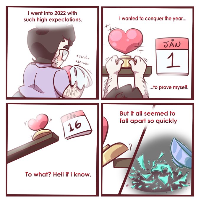 last year was hard.

made this comic for new years but didnt get it done until now cuz im slow lol. but it still meant a lot to me and i still wanted to post it. and ironically with some disasters happening in january, it seems like its all up from here :)

1/3 🌱☄️ 