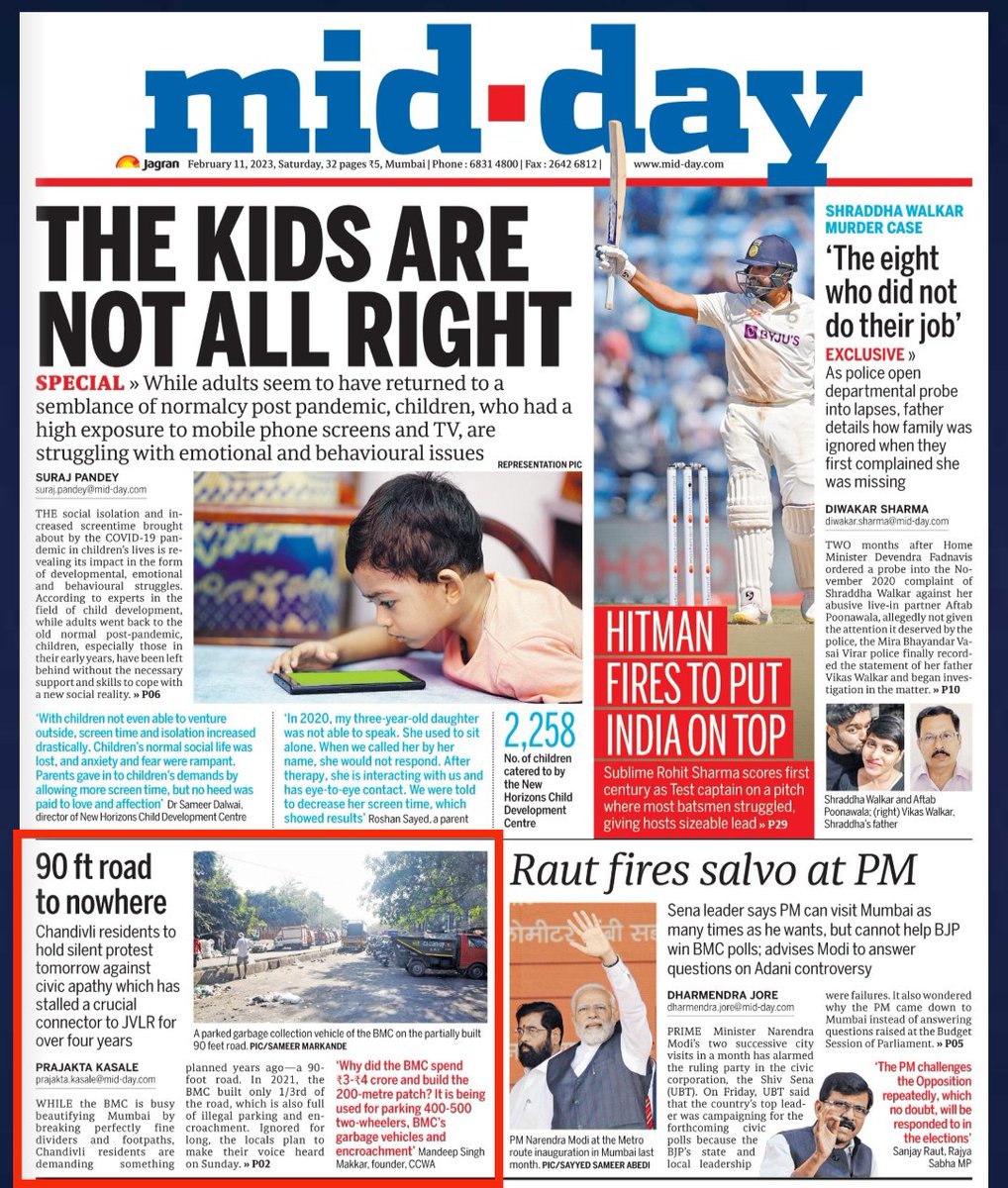 ChandivaliCCWA's tweet photo. Mid-day has published the story of an abandoned, 90-feet road on the front page of their newspaper. CCWA has organised a peaceful protest on 12th Feb, Sunday, 11am at Nahar Amrit Shakti road, Chandivali. @PrajaktaKasale https://t.co/dNFet3BMQO