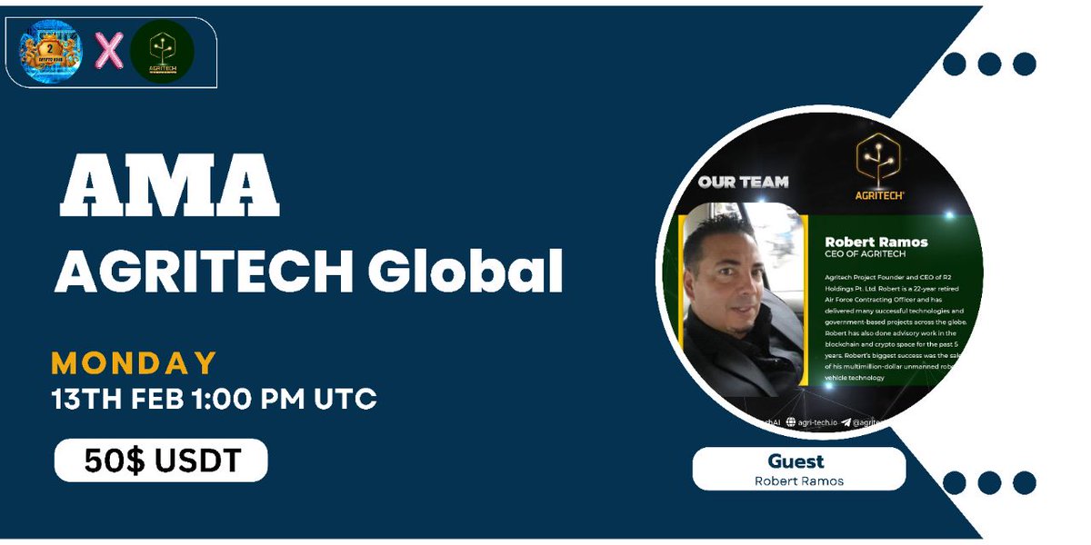 🙀CRYPTO RUSH AMA Series With Agritech Global 

🎁Prize: 50$ USDT
📆Date: 13th February 2023
🧭Time: 1:00 PM UTC
🏨 Venue: t.me/CryptoRush_Chat

〽️ Rules:

1️⃣. Follow 
<a href="/Crypto_Rush0/">Crypto Rush | AMA + Space</a>
  &amp;
<a href="/AgritechAI/">Agritech | Next-Gen AAI and Scalability | 🌐 #AGT</a>

2️⃣. Like Retweet &amp; Comment Your Questions (5 Questions Max)