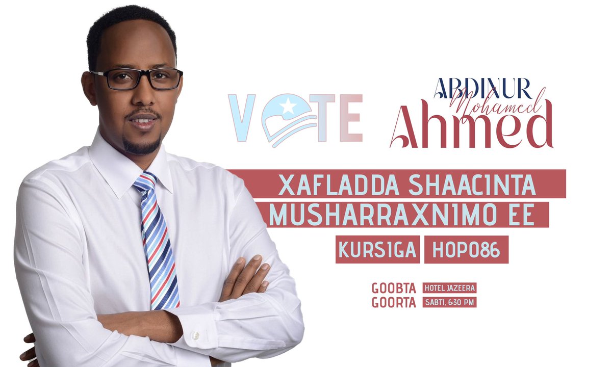 SherifAbdinur's tweet image. Keddib wadatashiyo aan la sameeyay qeybaha kala duwan ee bulshada Kursiga HOP86, waxaan si rasmi ah ugu dhawaaqayaa inaan ahay musharax u taagan tartanka kursigaas, aniga oo rajaynaya inaan dadkeyga iyo deegaankaygaba si hufan ugu matalo Golaha Shacabka JFS.