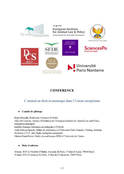 [Conférence] 24-25/03 | L'animal en droit économique dans l'Union européenne. <a href="/IEAdeParis/">IEA de Paris</a> <a href="/UPN_Recherche/">Université Paris Nanterre - 𝐑𝐞𝐜𝐡𝐞𝐫𝐜𝐡𝐞</a> <a href="/DcsLabo/">LaboDcs</a> <a href="/GREDEG_UMR/">GREDEG</a> univ-droit.fr/actualites-de-…