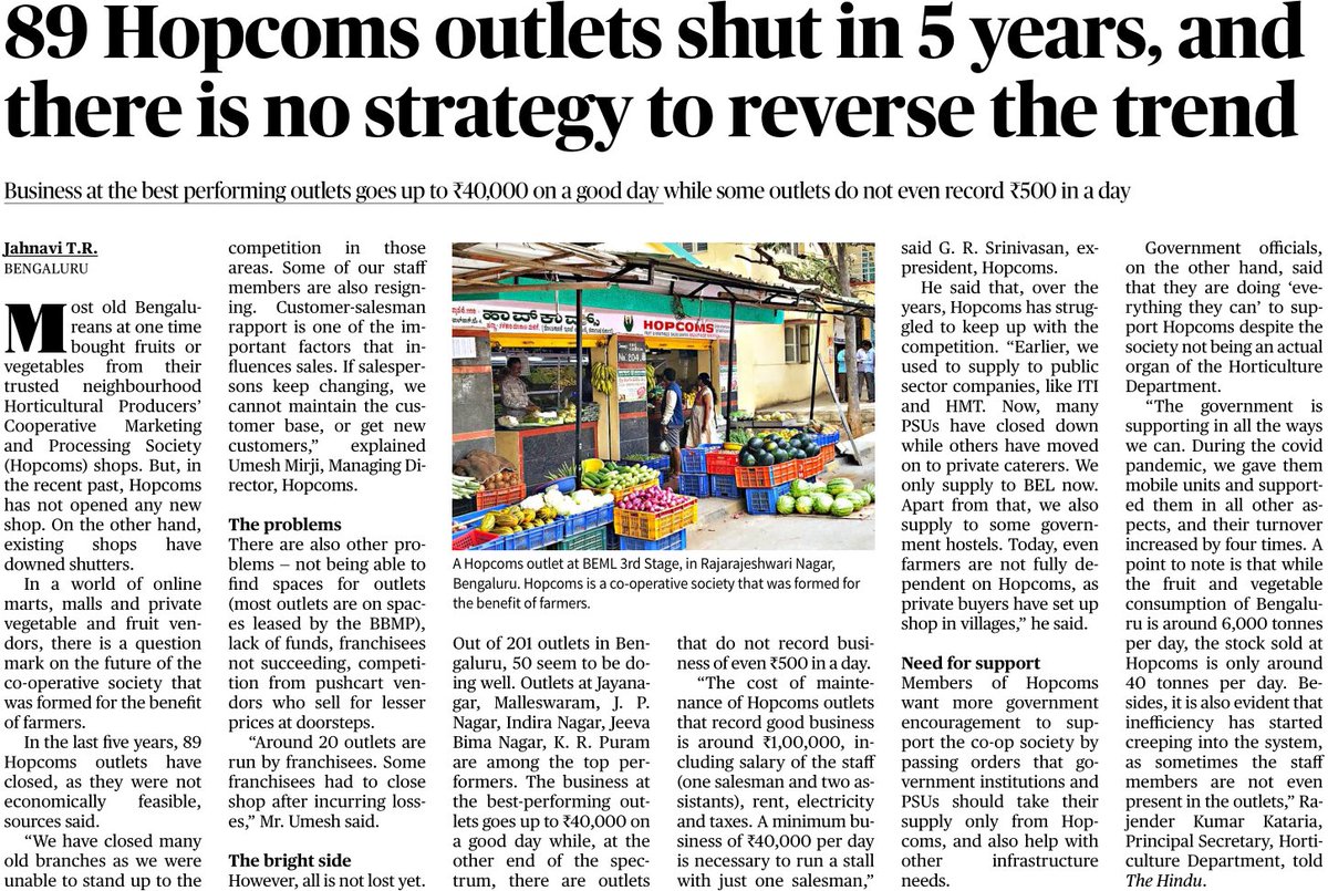 Jahnaviravindra's tweet image. For decades, #Bengaluru ppl have been going to #HOPCOMS to buy quality fruits&amp;amp;veggies. Now with stiff competition from malls and online markets the future of these neighbourhood stalls seems bleak
Read - bit.ly/3IfR0D8
@MunirathnaMLA @HorticultureGoK @THBengaluru