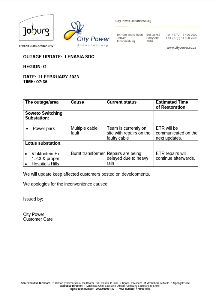 CityPowerJhb's tweet photo. Region G #Lenasia
Repairs are underway at #SowetoSWS.
LotusSub: Repairs are slightly delayed due to heavy rain. ^NT https://t.co/P72EJaKVqz