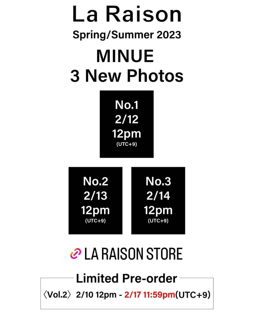 MinueSingapore's tweet photo. Women's and Men's Spring/Summer 2023
Limited Pre-order
<Vol.2> 2/10 (12:00 PM) - 2/17 (11:59 PM) UTC +9)
👉 https://t.co/xxVYWNPz6s
*NOTE: It will be delivered from early May to mid-May as it is a pre-order items.
@laraisonstore
#LaRaison #LaRaisonSS23
#노민우 #MINUE https://t.co/4oG4PS0ZIF