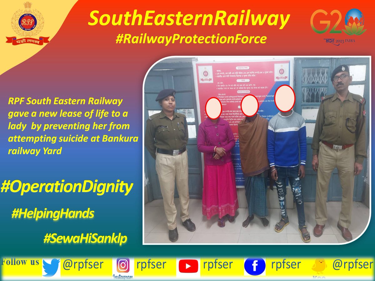 rpfser's tweet photo. #RPFSER #OperationDignity:- On 10.02.2023 RPF South Eastern Railway gave a new lease of life to a lady  by preventing her from attempting suicide at Bankura railway Yard . 
#MissionJeevanRaksha  #LifeSavingAct    @RPF_INDIA https://t.co/5PzmH0PeNf