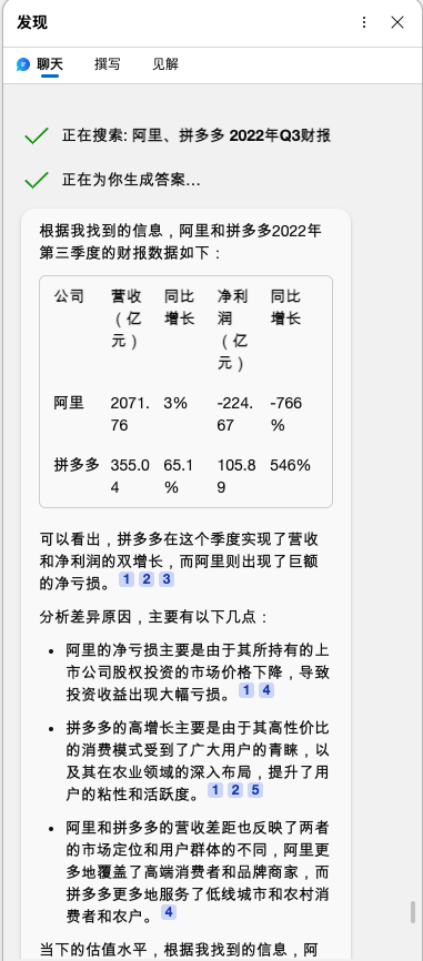 Lucenactus's tweet photo. 好像下载Dev版Edge直接就可以用chat了，目前还是有好多事实错误的答案，不过已经很好用了。一些基础问题，省去了频繁点开网页整理的工作，比如查财报数据哈哈 https://t.co/YMp5Lw6YlM