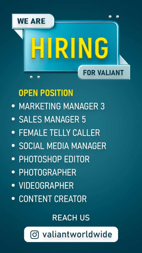 Opportunity : Valiant Calling!! Hurry Up!

#ValiantWorldWide #ValiantBrand #Valiant #VSPL
