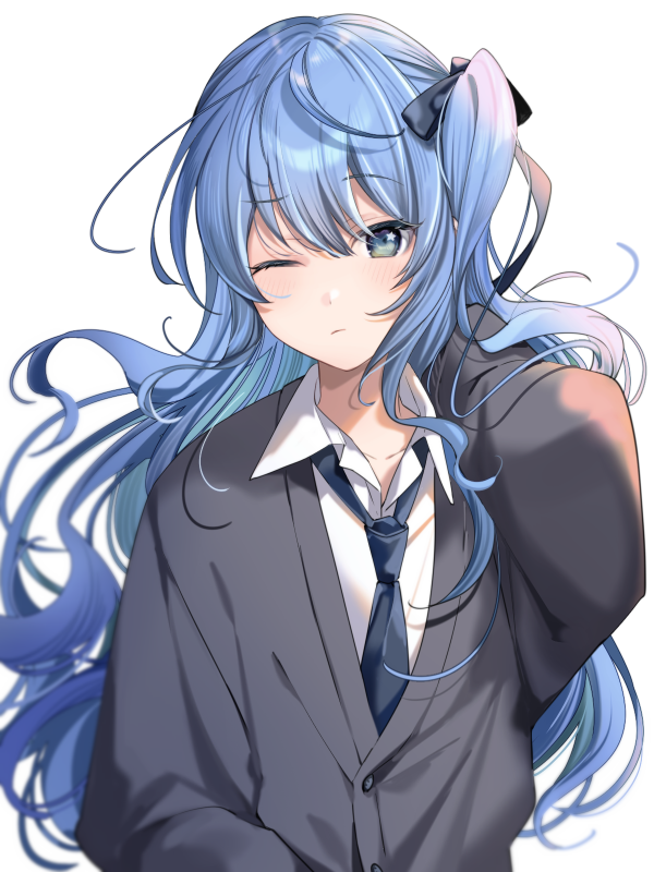 hoshimachi suisei 1girl solo blue hair necktie one eye closed long hair blue eyes  illustration images