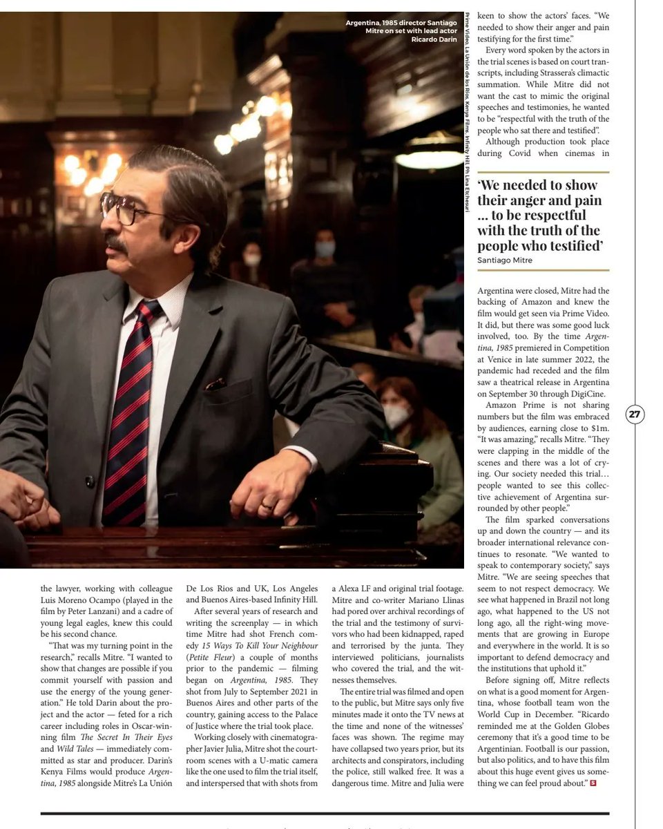 “Ricardo reminded me at the Golden Globes ceremony that it’s a good time to be Argentinian. Football is our passion, but also politics, and to have this film about this huge event gives us something we can feel proud about.” 

Santiago Mitre, Screen International 

<a href="/BombitaDarin/">Ricardo Darin</a>